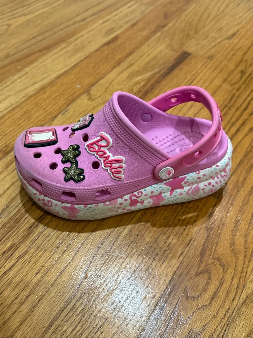 Kids Pink Clog Shoes with Decorative Charms Barbie Crocs J1